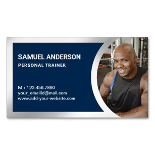 Navy Blue Silver Fitness Personal Trainer Photo Magnetic Business Card