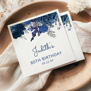 Navy Blue Silver Floral 80th Birthday Party Napkin