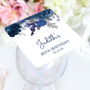 Navy Blue Silver Floral 80th Birthday Party Square Paper Coaster