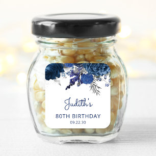 Navy Blue Silver Floral 80th Birthday Party Square Sticker