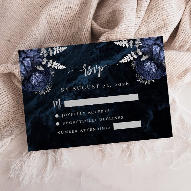 Navy Blue Silver Floral Agate Script Wedding RSVP Enclosure Card (Creator Uploaded)