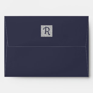 Navy Blue Silver Floral Custom Monogram Wedding Envelope