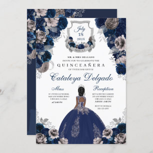 Navy Blue & Silver Floral Elegant Quinceañera Invitation