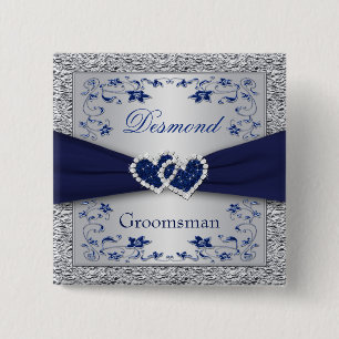 Navy Blue, Silver Floral Groomsman Wedding Pin
