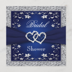 Navy Blue, Silver Floral, Hearts Bridal Shower Invitation