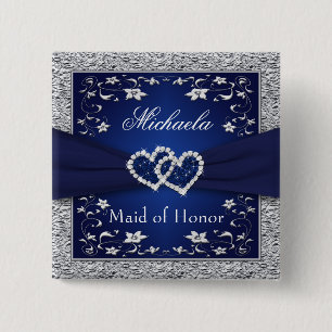 Navy Blue, Silver Floral Maid of Honour Wedding 15 Cm Square Badge
