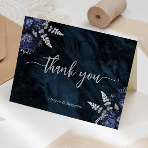 Navy Blue Silver Floral Script Wedding Thank You Card