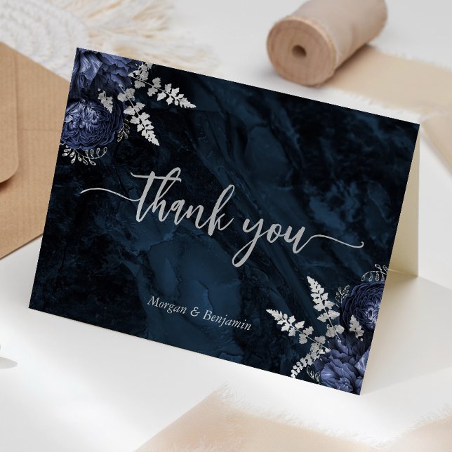 Navy Blue Silver Floral Script Wedding Thank You Card (Creator Uploaded)