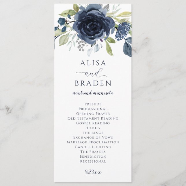 Navy Blue Silver Floral Watercolor Wedding Program (Front)