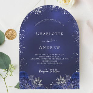 Navy blue silver floral wedding arch invitation
