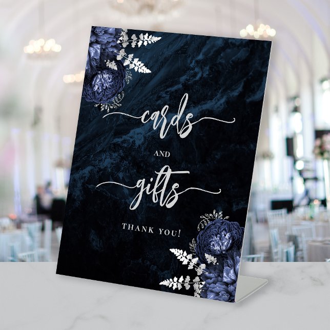Navy Blue Silver Floral Wedding Cards Gifts Pedestal Sign (Creator Uploaded)