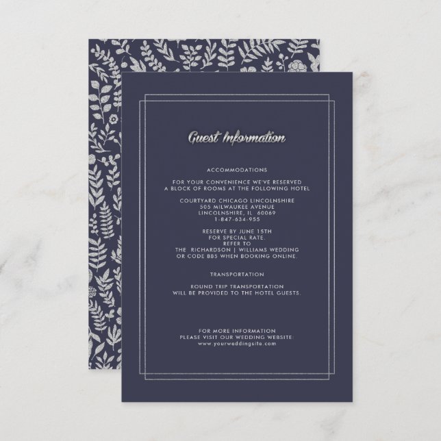 Navy Blue | Silver Floral Wedding Details Card (Front/Back)