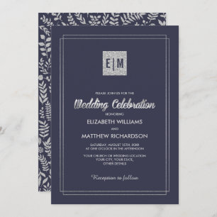 Navy Blue   Silver Floral Wedding Invitation