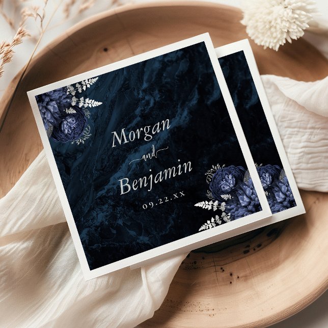 Navy Blue Silver Floral Wedding Napkin (Creator Uploaded)