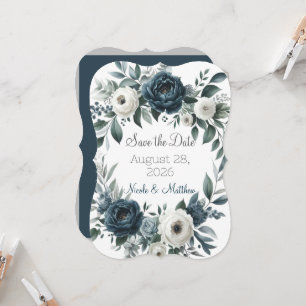 Navy Blue & Silver Floral Wedding Save The Date