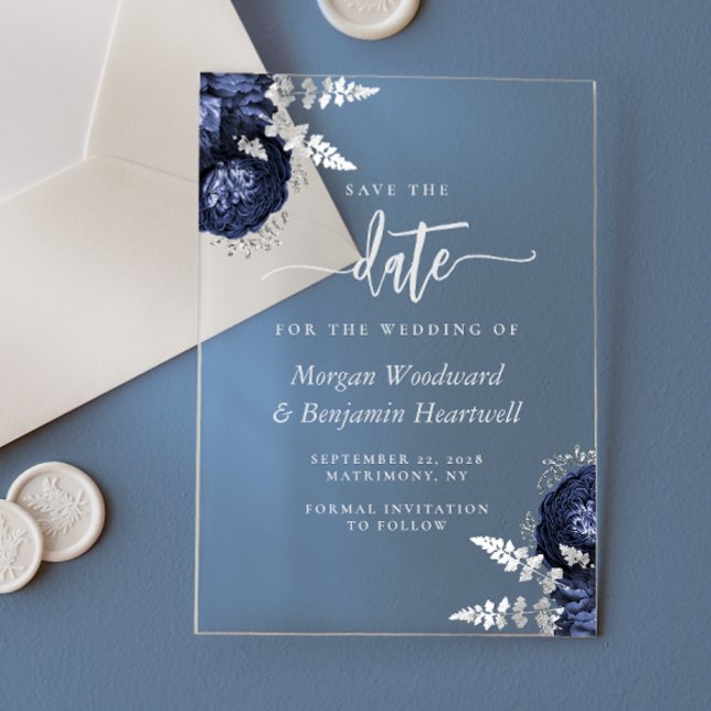 Navy Blue Silver Floral Wedding Save the Date Acrylic Invitations (Creator Uploaded)