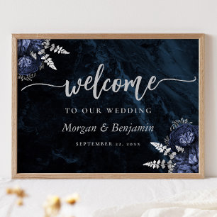 Navy Blue Silver Floral Wedding Welcome Poster