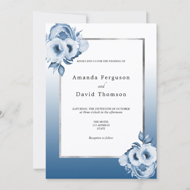 Navy blue silver floral white elegant wedding invitation (Front)