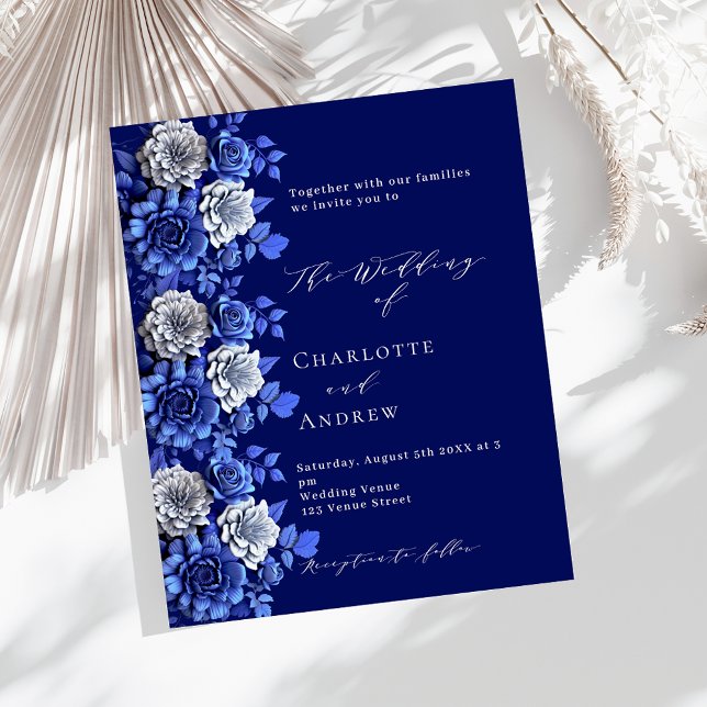 Navy blue silver florals budget wedding invitation (Creator Uploaded)