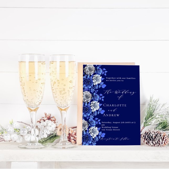 Navy blue silver florals script wedding invitation (Creator Uploaded)