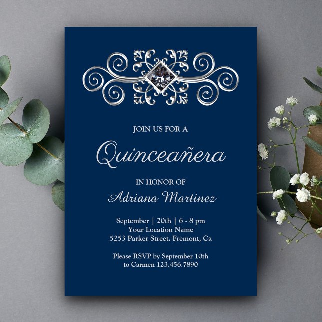 Navy Blue Silver Flourish Diamond Quinceanera Invitation (Creator Uploaded)