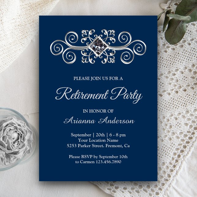 Navy Blue Silver Flourish Diamond Retirement Party Invitation (Creator Uploaded)