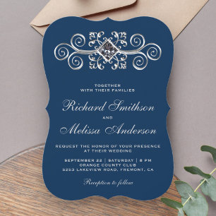 Navy Blue Silver Flourish Wedding Invitation