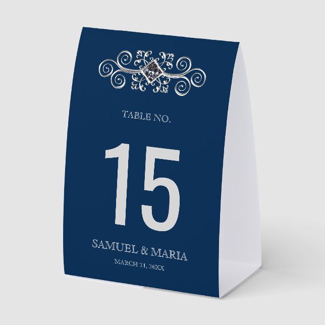 Navy Blue Silver Flourish Wedding Table Number (Front)
