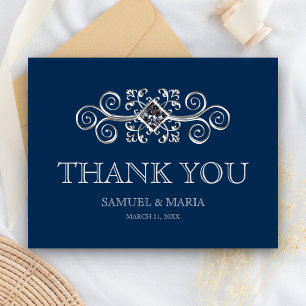 Navy Blue Silver Flourish Wedding Thank You Postcard