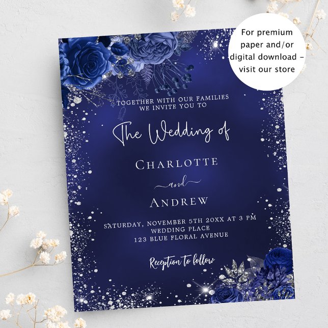 Navy blue silver flowers budget wedding invitation (Creator Uploaded)