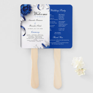 Navy Blue & Silver Flowers Ribbons Wedding Program Hand Fan