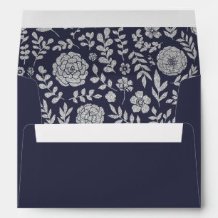 Navy Blue Silver Foil Floral Wedding Envelope