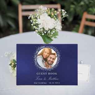 Navy blue silver foil photo wedding  guest book