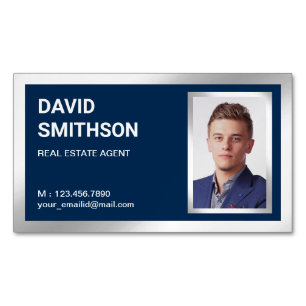 Navy Blue Silver Foil Real Estate Realtor Photo Magnetic Business Card