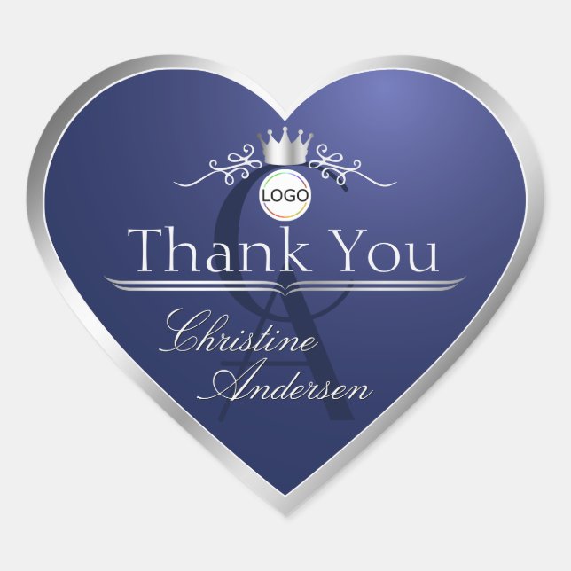 Navy Blue Silver Frame Logo and Monogram Thank You Heart Sticker (Front)