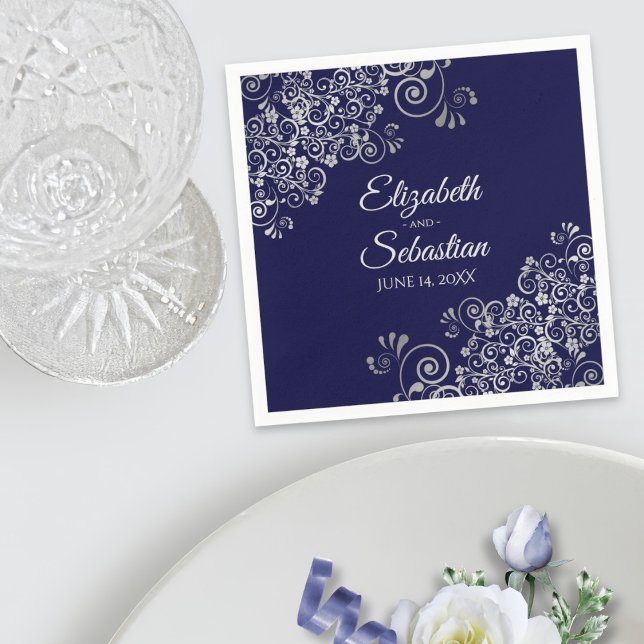 Navy Blue & Silver Frills Elegant Wedding Napkin (In Situ with Plate)