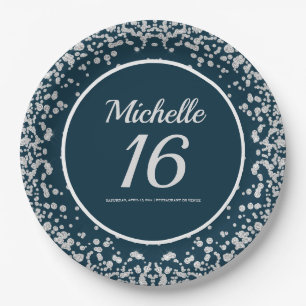 Navy Blue Silver Glitter 16th Birthday Paper Plate