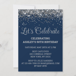 Navy Blue & Silver Glitter 50th Birthday Party Invitation