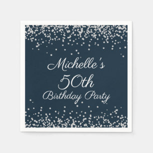 Navy Blue Silver Glitter 50th Birthday Party Napkin