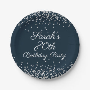 Navy Blue Silver Glitter 80th Birthday Party Paper Plate