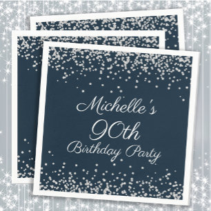 Navy Blue Silver Glitter 90th Birthday Party Napkin