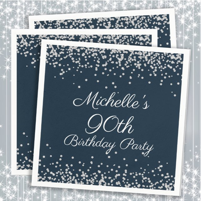 Navy Blue Silver Glitter 90th Birthday Party Napkin (Navy blue and silver glitter 90th birthday party paper napkins)