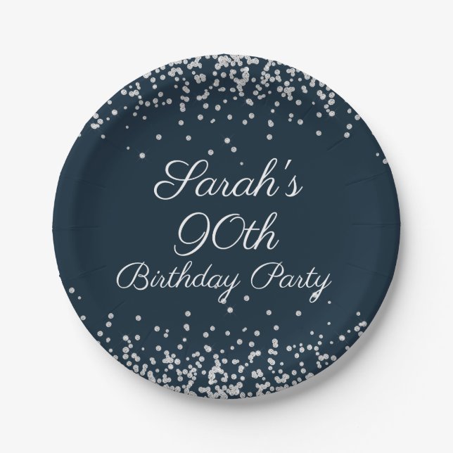 Navy Blue Silver Glitter 90th Birthday Party Paper Plate (Front)