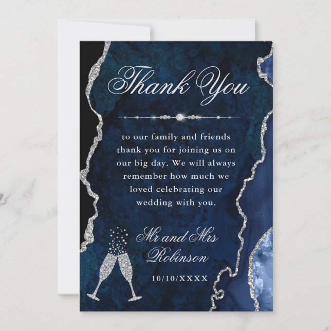 Navy Blue & Silver Glitter Agate & Marble Wedding Thank You Card (Front)