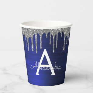 Navy Blue Silver Glitter and Sparkle Monogram Paper Cups