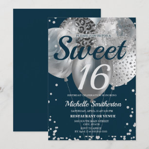 Navy Blue Silver Glitter Balloon Sweet 16 Birthday Card