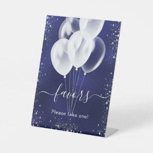 Navy blue silver glitter balloons favours guest pedestal sign