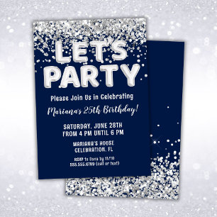 Navy Blue Silver Glitter Birthday Party Invitation