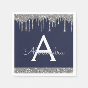 Navy Blue Silver Glitter Black Monogram Birthday Napkin