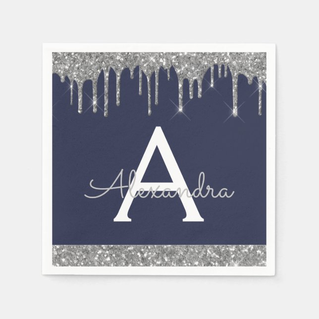 Navy Blue Silver Glitter Black Monogram Birthday Napkin (Front)